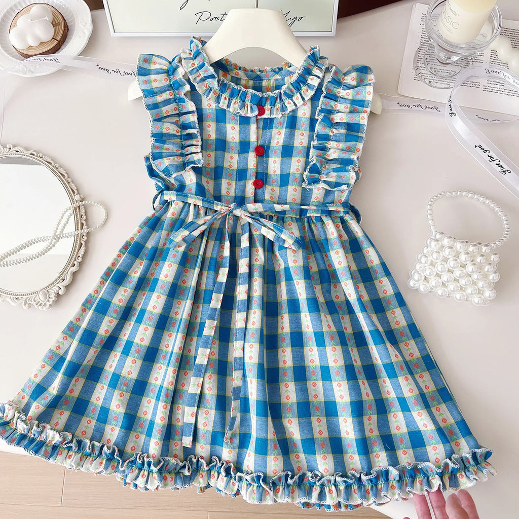 Girls Casual Dresses Floral Plaid Sleeveless Flower Girl Dresses Kids Clothes for 2 To 7 Years Princess Dress for Girls