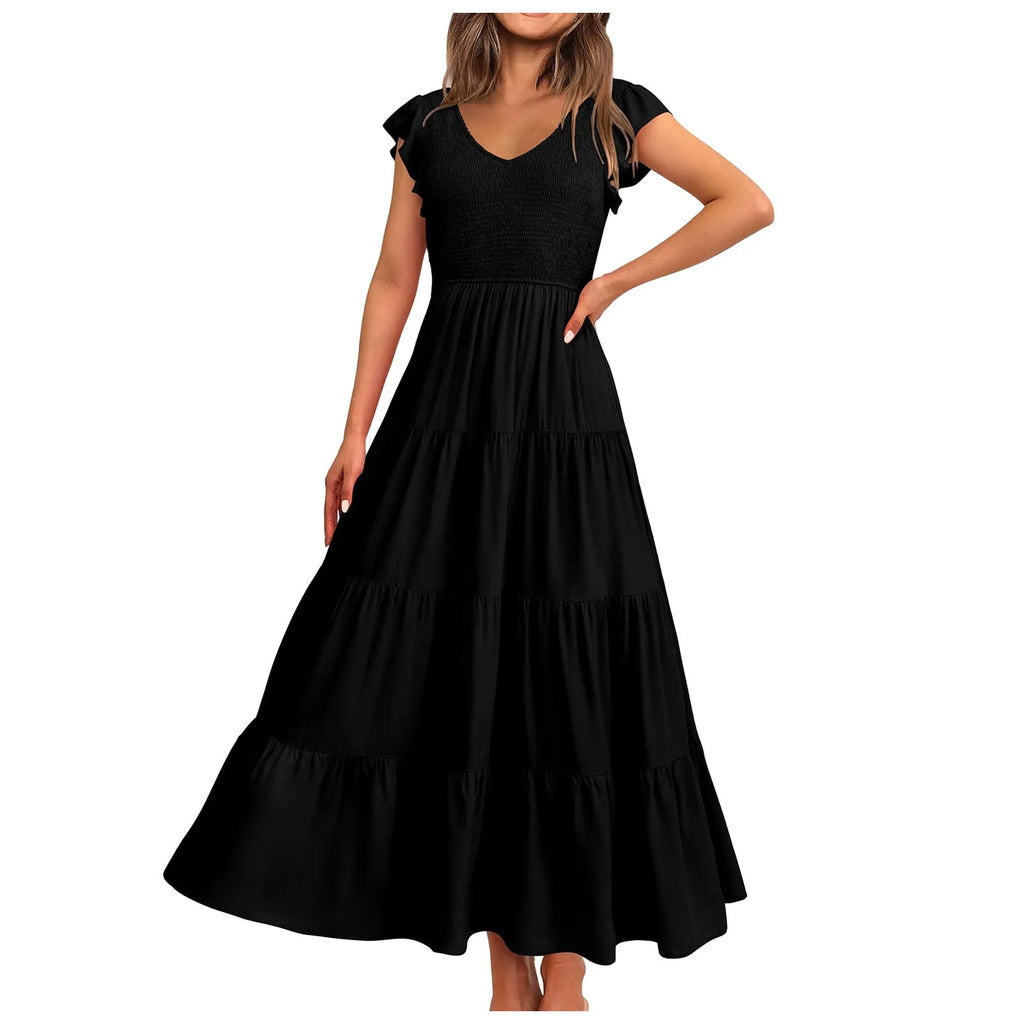 Women's Summer Flowy Maxi Dress Casual Cap Sleeve V Neck Smocked Beach Cotton Midi Dresses