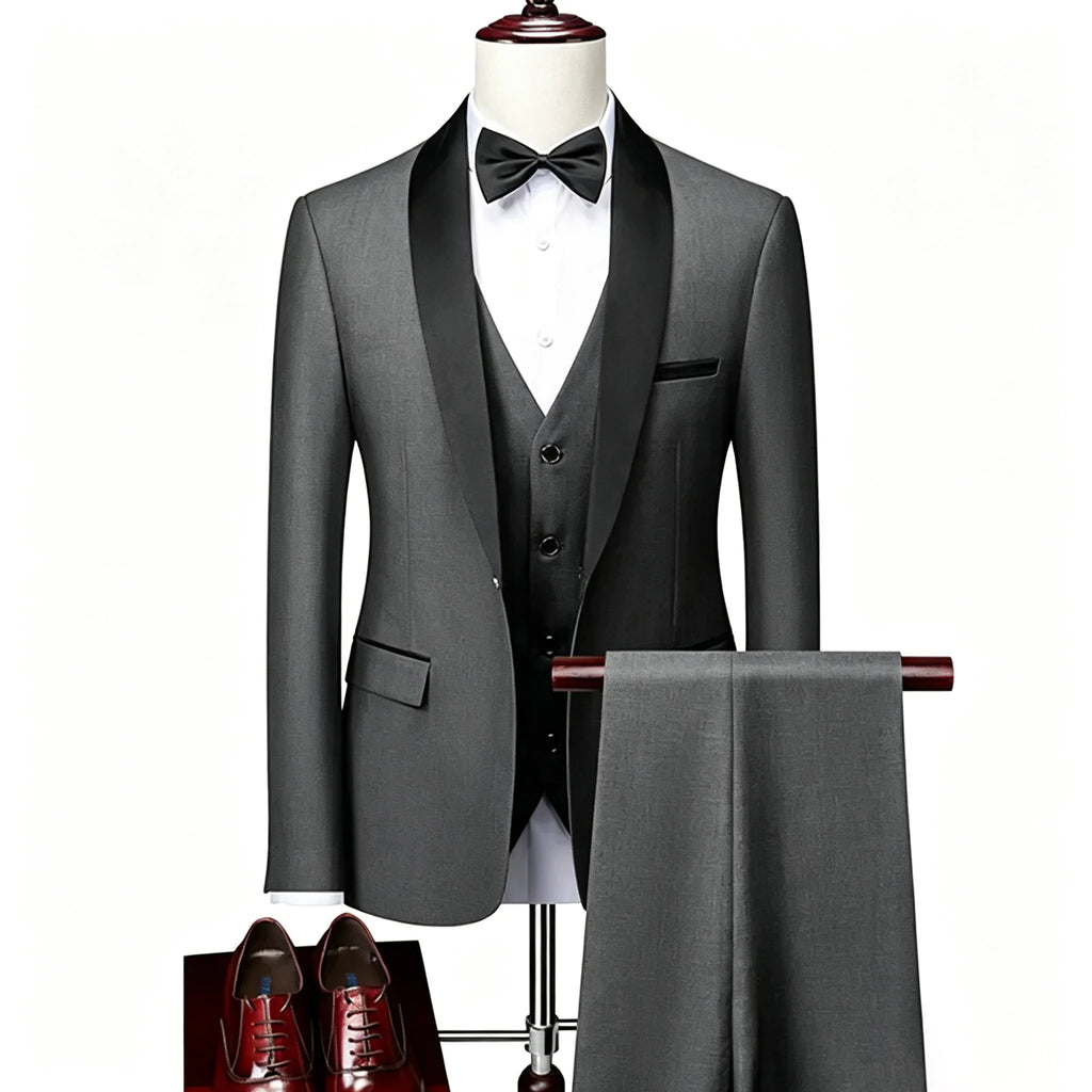 US Size XXS-3XL Men's 3 Piece Tuxedo Suit Set, Black Satin Shawl Lapel Slim Fit Blazer Vest Pants for Wedding Groom Party Prom