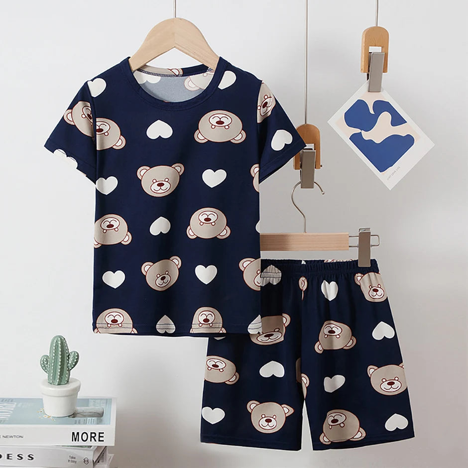 Children's Bear Print 2-Piece Short Sleeve Shorts Set - Unisex