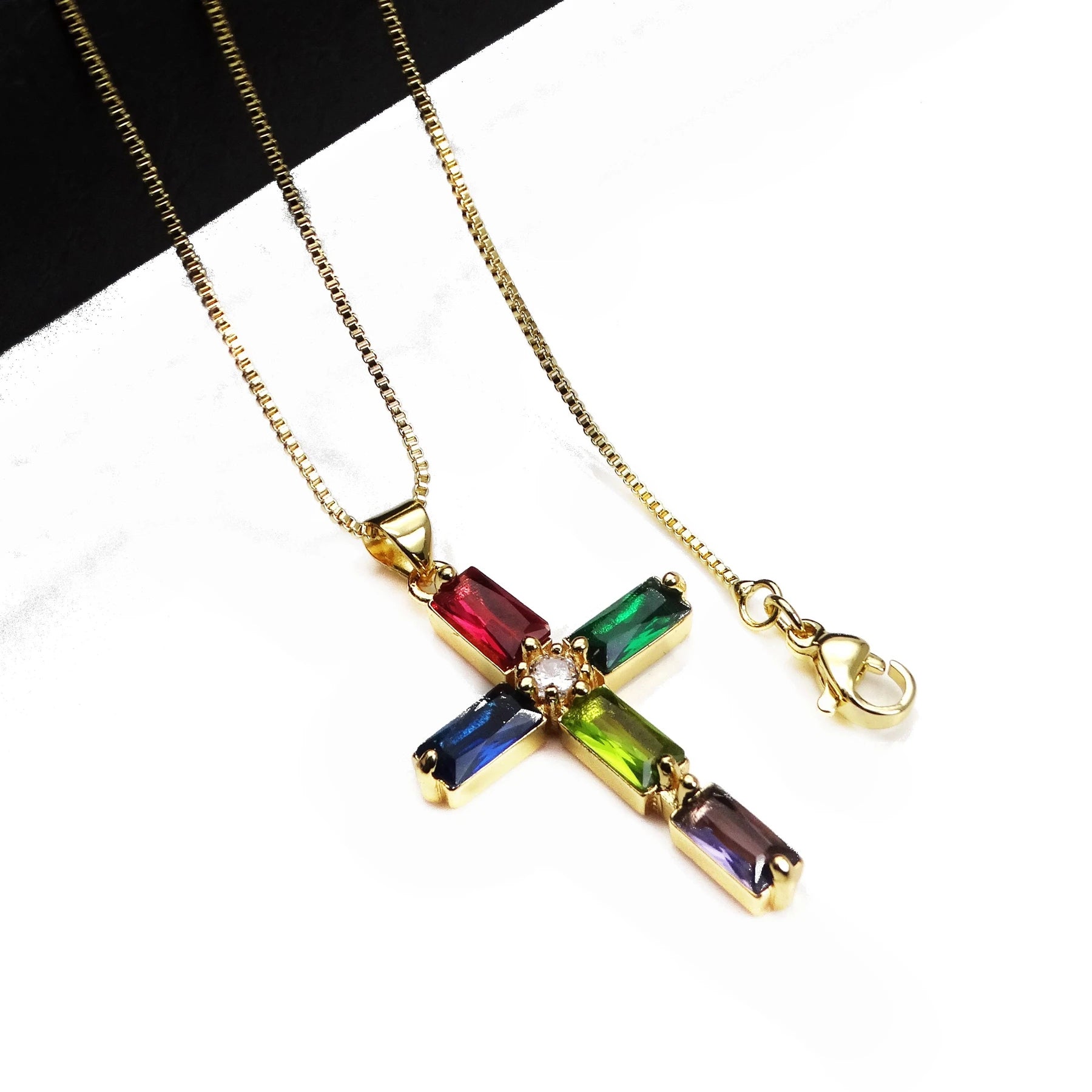 Cross Pendant Gold Plated With Sparkling Multicolor Microlaid CZ For Women Brass Charm Necklace Making