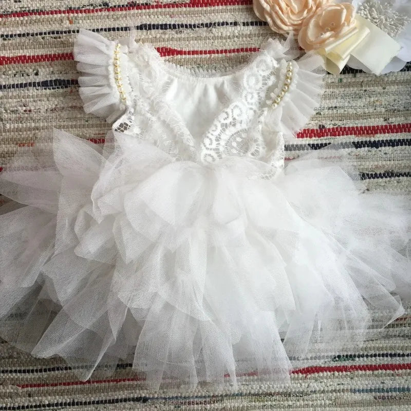 Flower Girl Lace Tulle Dress Elegant Princess Weddings Birthday Party Costumes for 3m To 7y Girls Baptism Festival Ball Gown