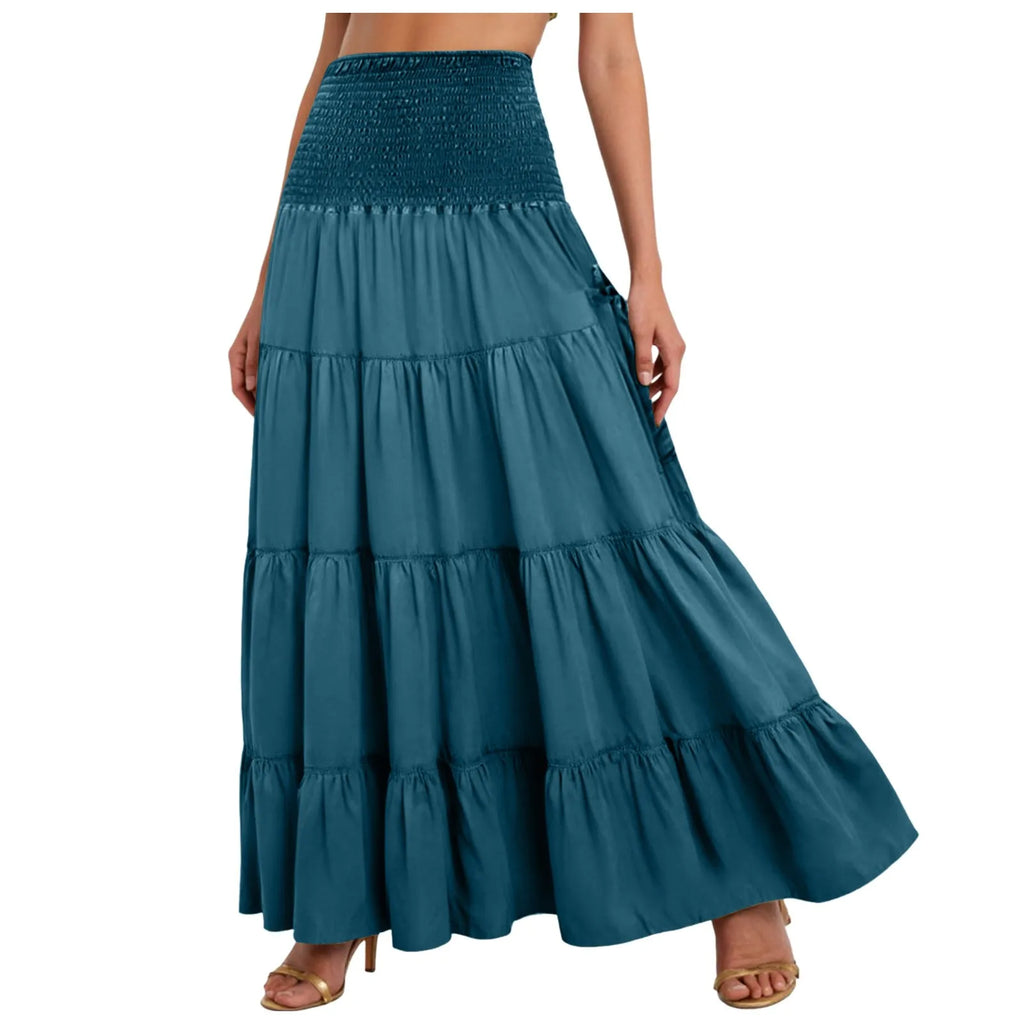 Boho Tiered A-Line Skirt Women Forest Fairy Pockets Patchwork Long Dress Elastic Waist Vintage Hippie Gypsy Maxi Skirt 스커트