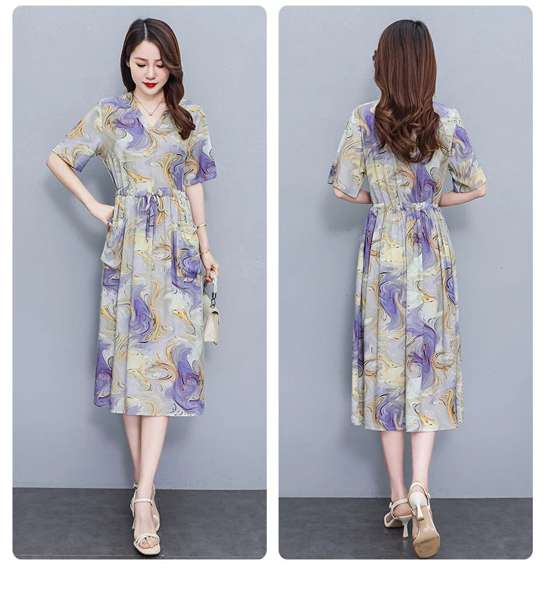 New Fashion 2025 Summer dresses For Women V-Neck Plus Size Woman Cothing Loose Short Sleeve Women Print Dresses