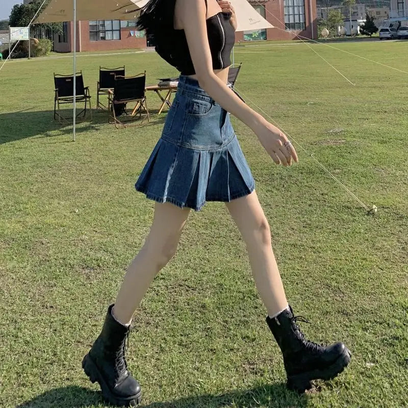 Women's A-Line Denim Skirt - High Waist Pleated Blue Mini Skirt