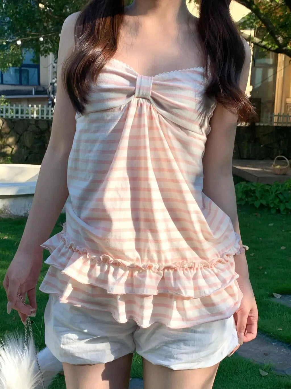 Japanese Sweet Vest Women Clothing Vintage Striped Sleeveless Tees Fashion Summer Camis Ruffles Slim Fit Vintage Tank Ropa Mujer
