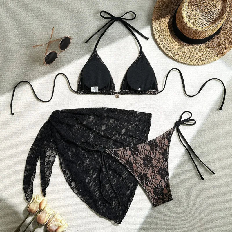 Women's Lace Contrast Brazilian Bikini Set – 3-Piece Sexy Swimsuit for Beach & Pool