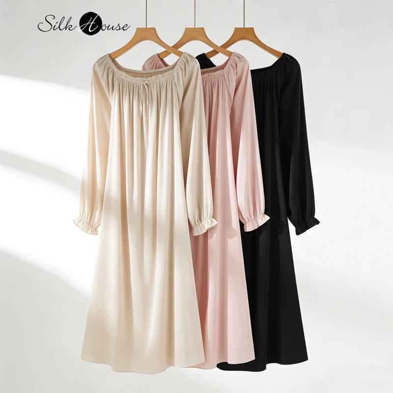 Women's Spring/Summer New 92% Natural Mulberry Silk Elastic Satin Solid Loose Sweet Wind Long Sleeve Home Clothes Nightdress