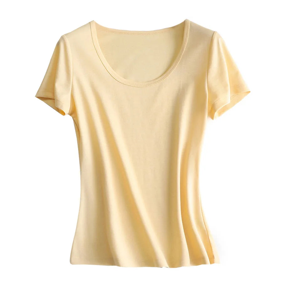 SuyaDream 2022 Woman Summer Tee Silk Acetate Blend U Neck Slim Waisted Solid Cosy T Shirt Candy Colors Top