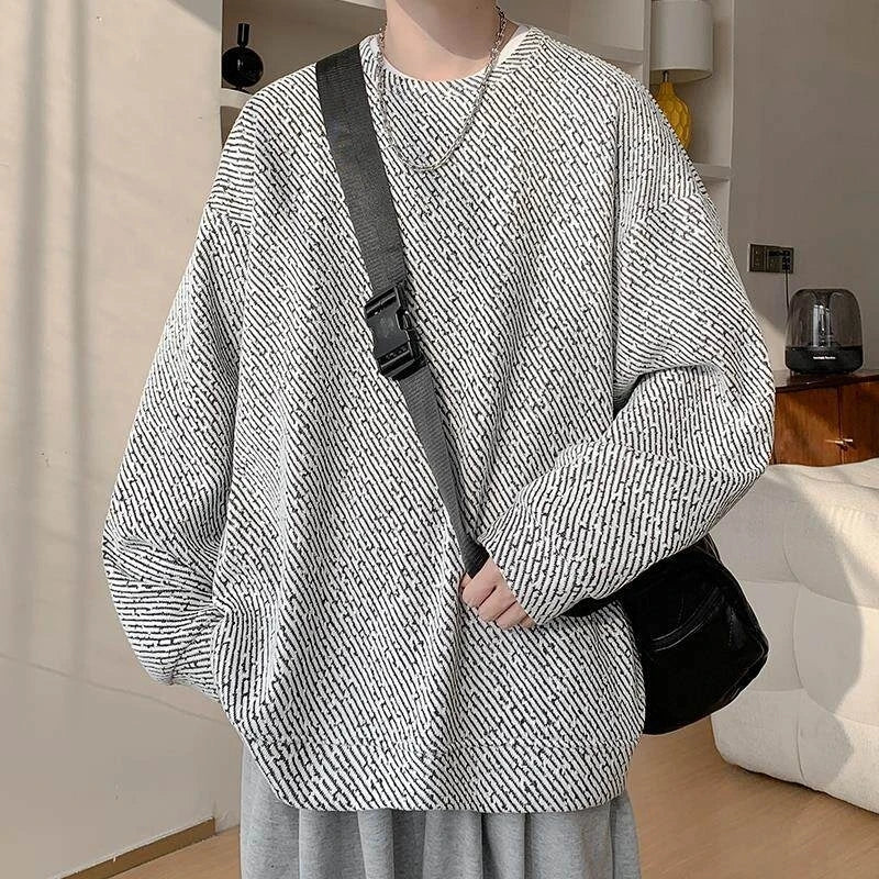 Street Style Round Neck Sweatshirt Men'S Spring Autumn Heavyweight Retro Loose Fit Top High Street Stripe Pattern Casual Wear
