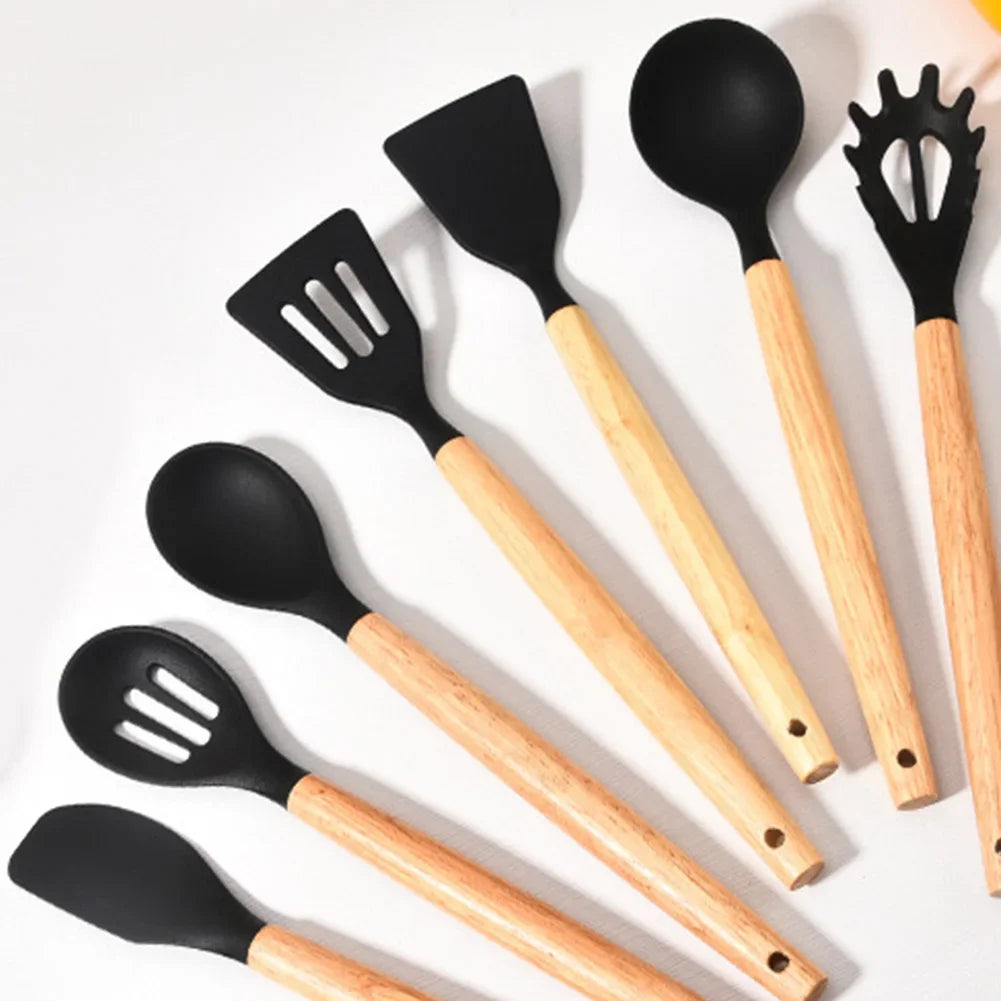 12Pcs Kitchen Utensil Set Silicone Spatula Set Wooden Handle Cooking Tools Kit with Holder Heat-Resistant Cookware for Kitchen