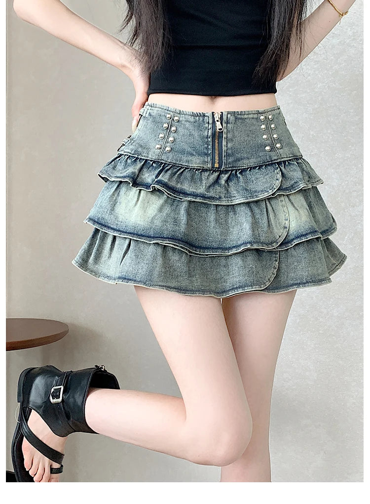 Summer Retro 2026 Korean Fashion Vacation Versatile Sexy Denim Cake Pleated Mini Skirt Women's High Waist Ruffle Short Skirt