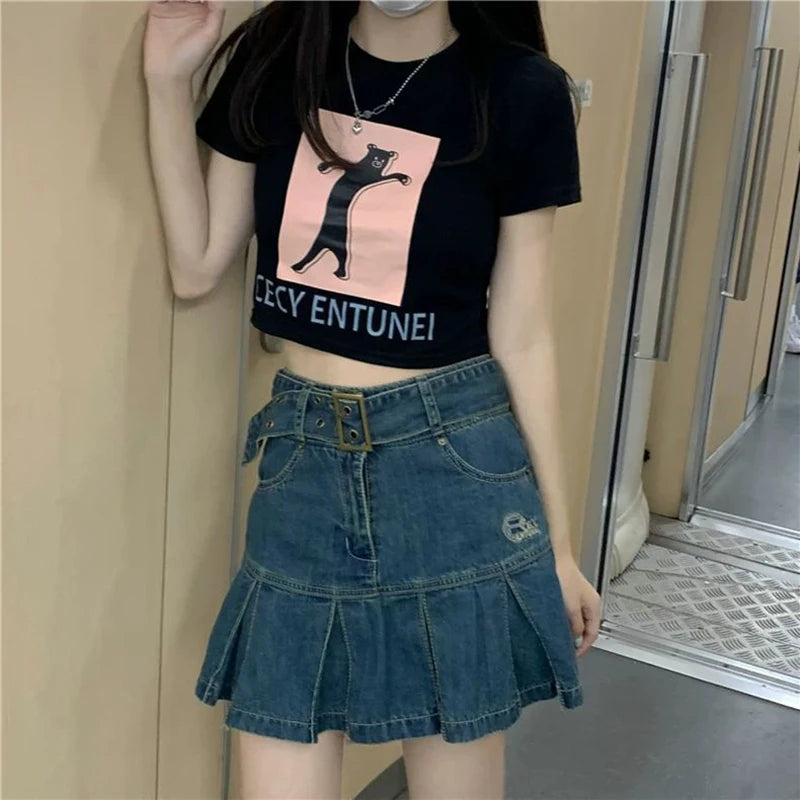 Korean Blue Denim Skirt Women Harajuku Y2K Pleated Mini Skirt Street Vintage Preppy Style High Waisted Embroidery Skirt