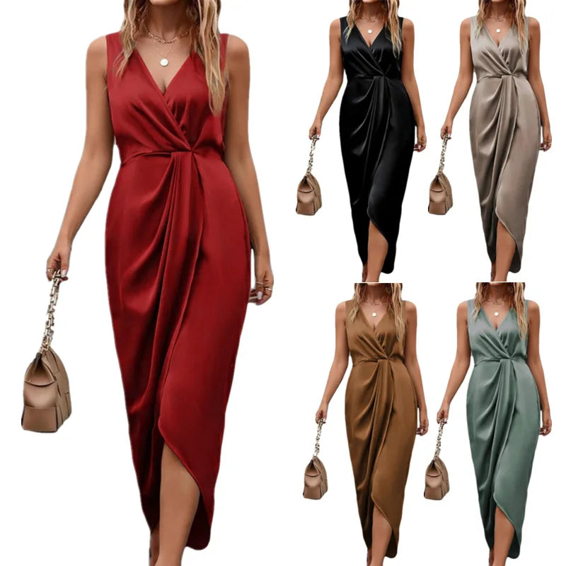 2026 Elegant Double-Sided Fashion Long Dress V-Neck Sleeveless Asymmetrical Slit Women's Spring Summer Dress