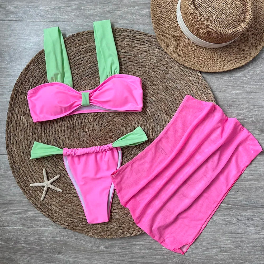 Polovedo Push Up Two Piece Bikini Set With Mini Skirt For Women Beachwear 2024 Floral Lace Solid Bikini