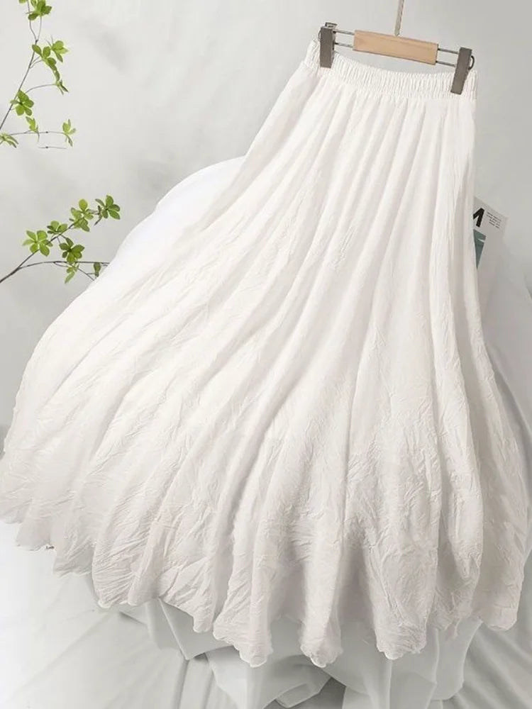 High Quality Cotton Linen Maxi Skirt Women Casual Elastic High Waist Pleated A-Line Beach Skirts Boho Saia Feminina Faldas Jupe