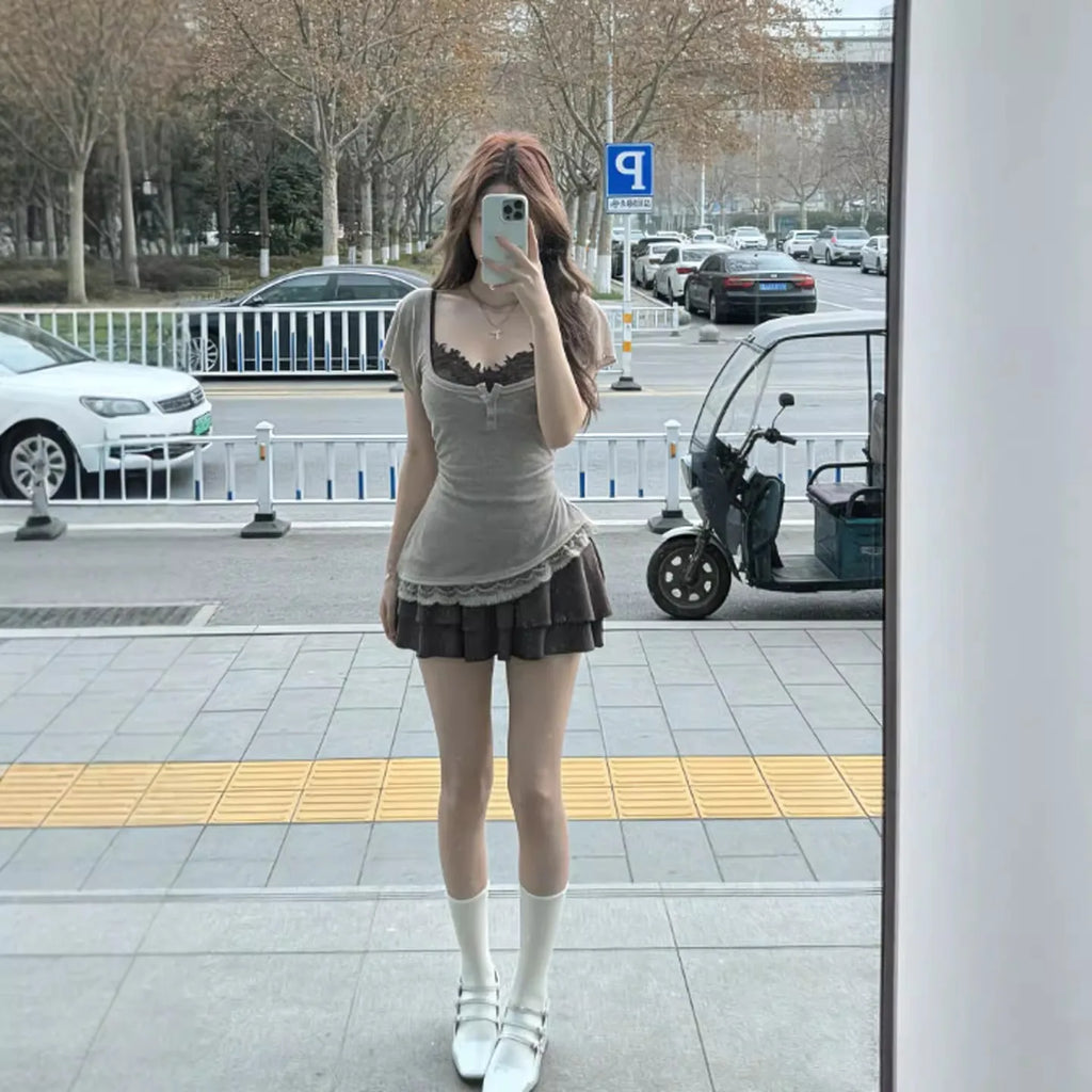 Retro Apocalyptic Design Sense Two-Piece Set Strapless Dress Slimming Lace Trim Outerwear Casual Summer Fashion for Teens