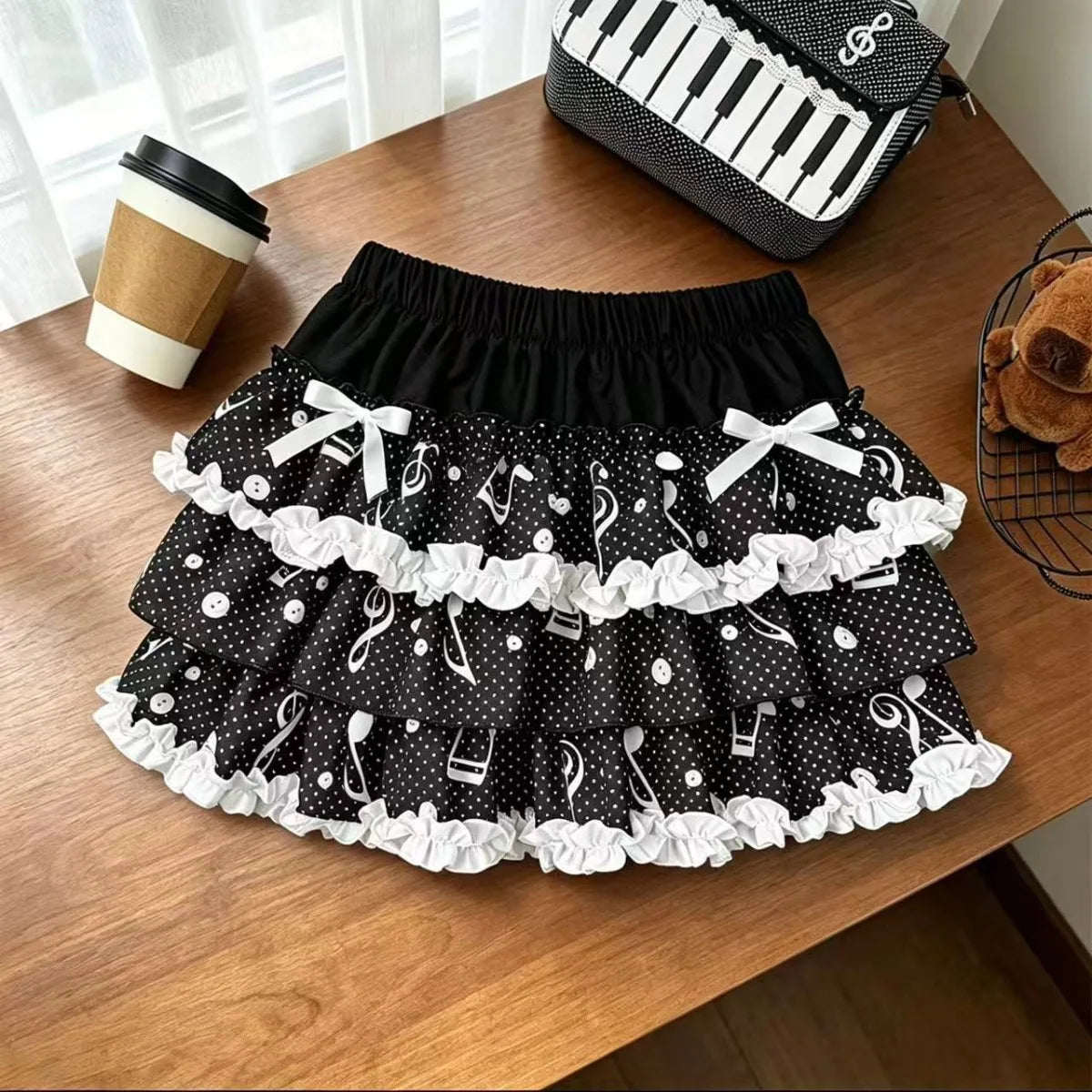Y2K Black White Print Mini Skirt Women Slim Design Ruffle Layered A Line Skirt Elastic Waist Harajuku Pleated Short Piano Skirts
