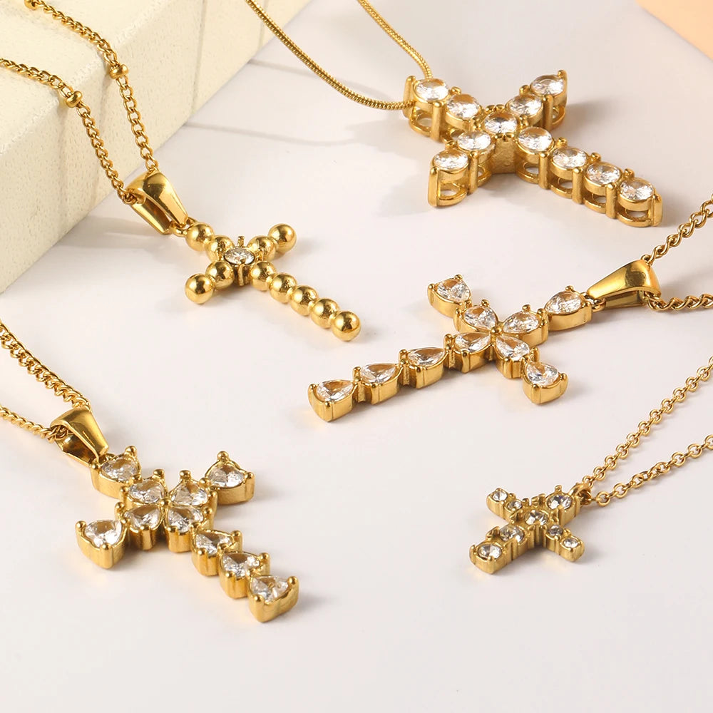 E.B.Belle Fashion Style Luxury Clear Zircon Cross Series Pendant Necklace 18K Gold Plated Stainless Steel Women'S Jewelry