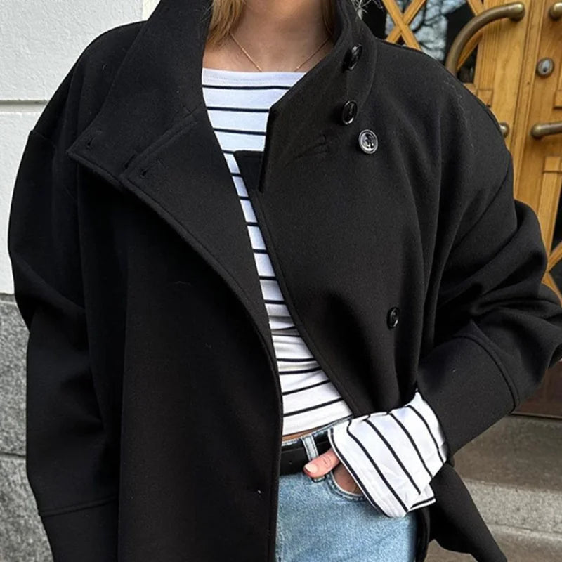 Stand Collar Women Winter Woolen Coat 2025 Spring Single Breasted Loose Female Long Sleeve Jacket Office Lady Street Short Coats