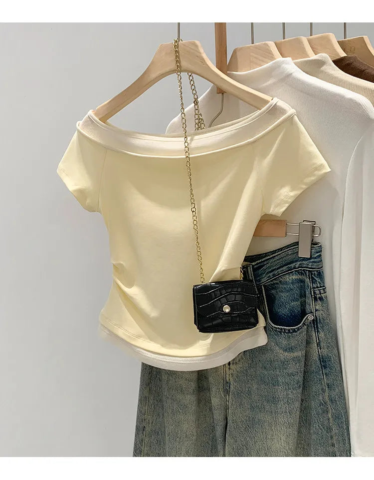 Unique Shoulder-Baring Pink Short-Sleeve T-Shirt Women's Summer New Style Korean Version Slim Fit Commute Style Cotton Material