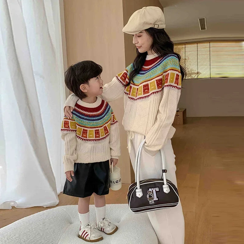 Women Sweater Print Family Daughter Matching Equal Mother Same Knit Top Pullover Baby Knitwear Clothes Knitted Jumper Holiday