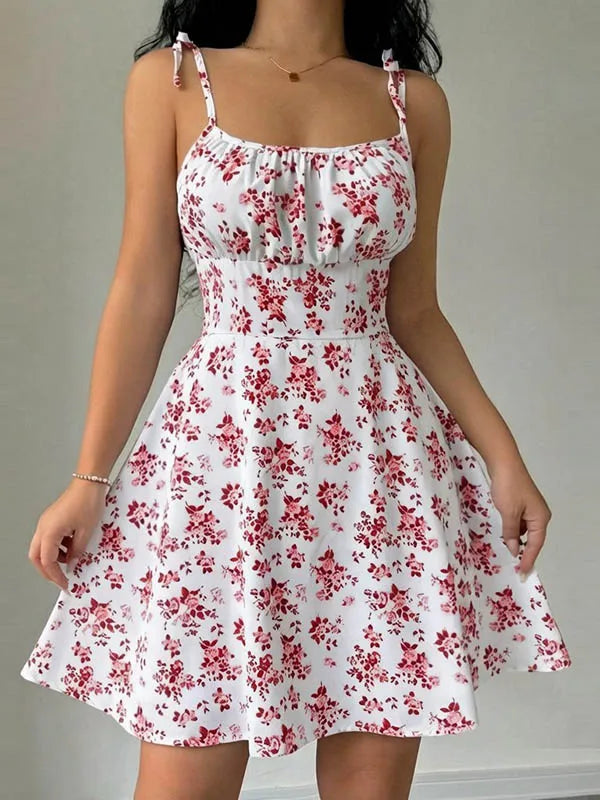 Women's Summer Floral Spaghetti Strap Beach Short Dress Sweet A-Line Mini Dress   Loose   Slimming Casual Skirt