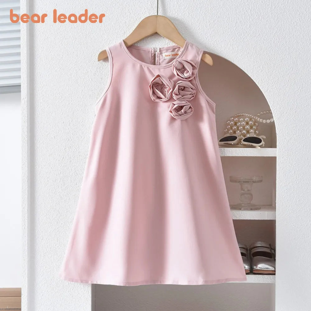 Bear Leader Pink Sweet Cute Princess Girl Dresses 3D Flower Decoration Sleeveless Birthday Party Dress Solid Color Kids Clothes