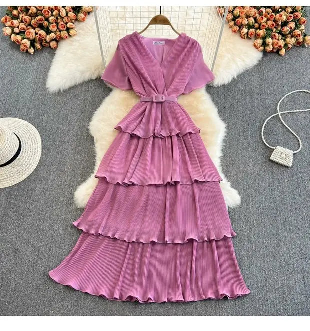 Beach Vaion Vintage Women's V-ne High-waist Cake Dr Ele Aosphere Maxi Skirt Loose Fit ort Sve Ci Commute