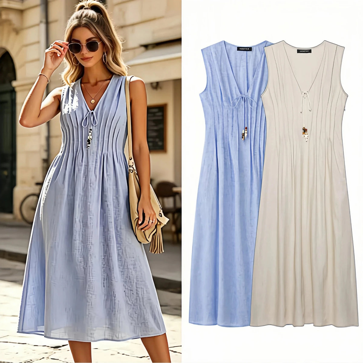 Slimming Sleeveless Pleated A-Line Dress High Waist V-Neck Street Style Casual Commute Dress for Women Fashionable Simple Chic