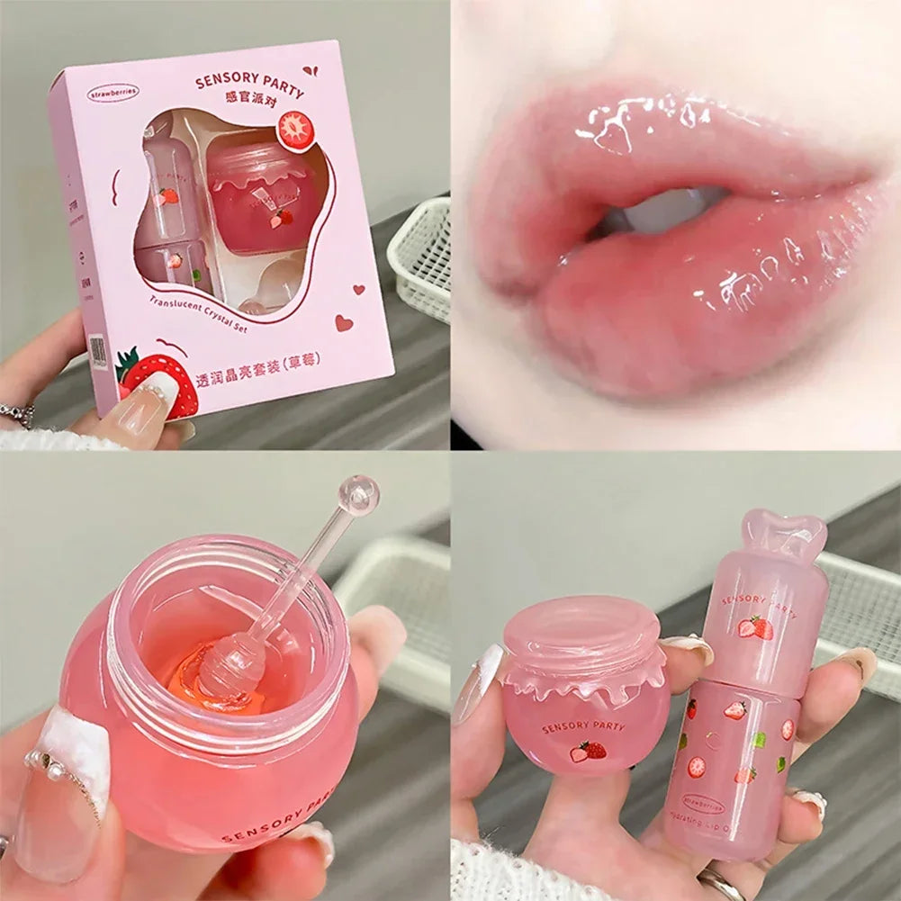 Blueberry Peach Lip Balm & Lip Gloss Set Light Hydrating Formula Relieve Dry Lips Remove Dead Skin Soothing Tender Lip Care