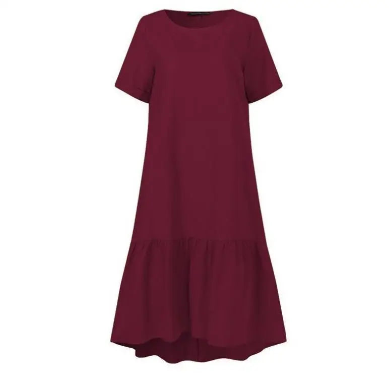 Casual round Neck Short Sleeve Midi Dress Women's Pure Color Crew Neck Gored Hem Cotton Overhead Dress mid Length Dress