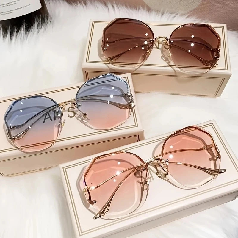 Rimless Sunglasses Polygon Fashion Popular Women Men Shades Big Frame Round Sun Glasses for Female Glasses Gradient Sunglasses