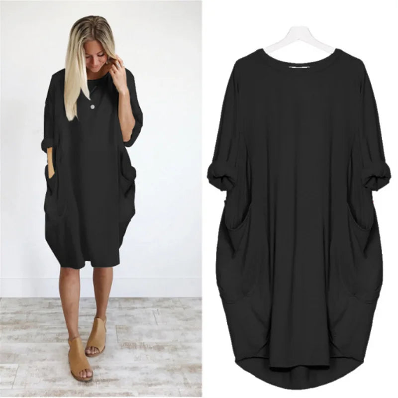 Women's Dress Oversize O-neck Loose Red Version Casual Street Pocket Fashion Black Solid Color Beach Vacation Skirt