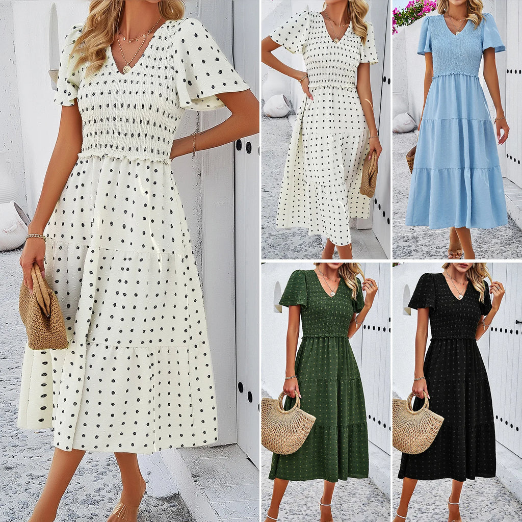 Summer Women's Casual Polka Dot Long Dress Vacation Boho Short Sleeve Solid V-neck Beach Sundress Elastic Waist Midi Dresses