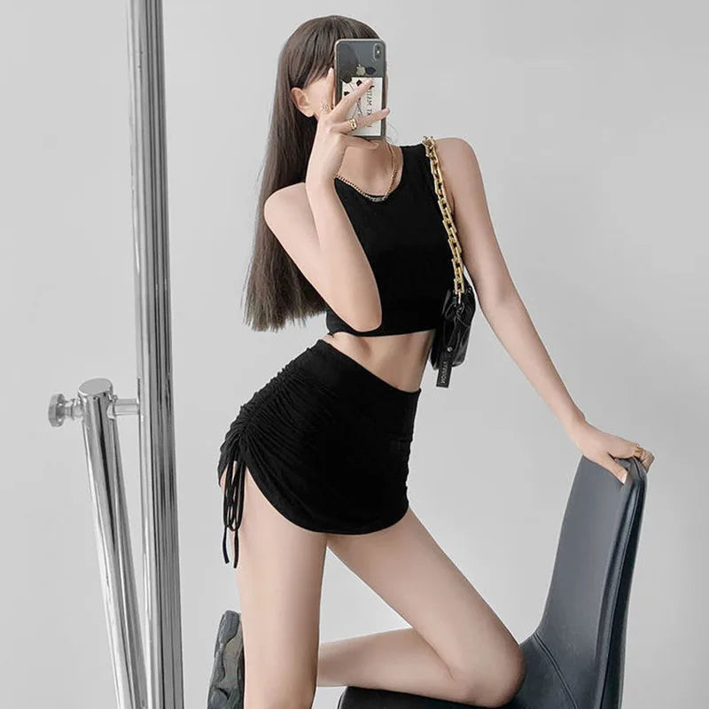 Xpqbb Women Summer Mini Skirts Drawstring Sexy High Waist Wrapped Hip Skirt Female Wild Solid Folds Slim Elastic Shorts Skirts