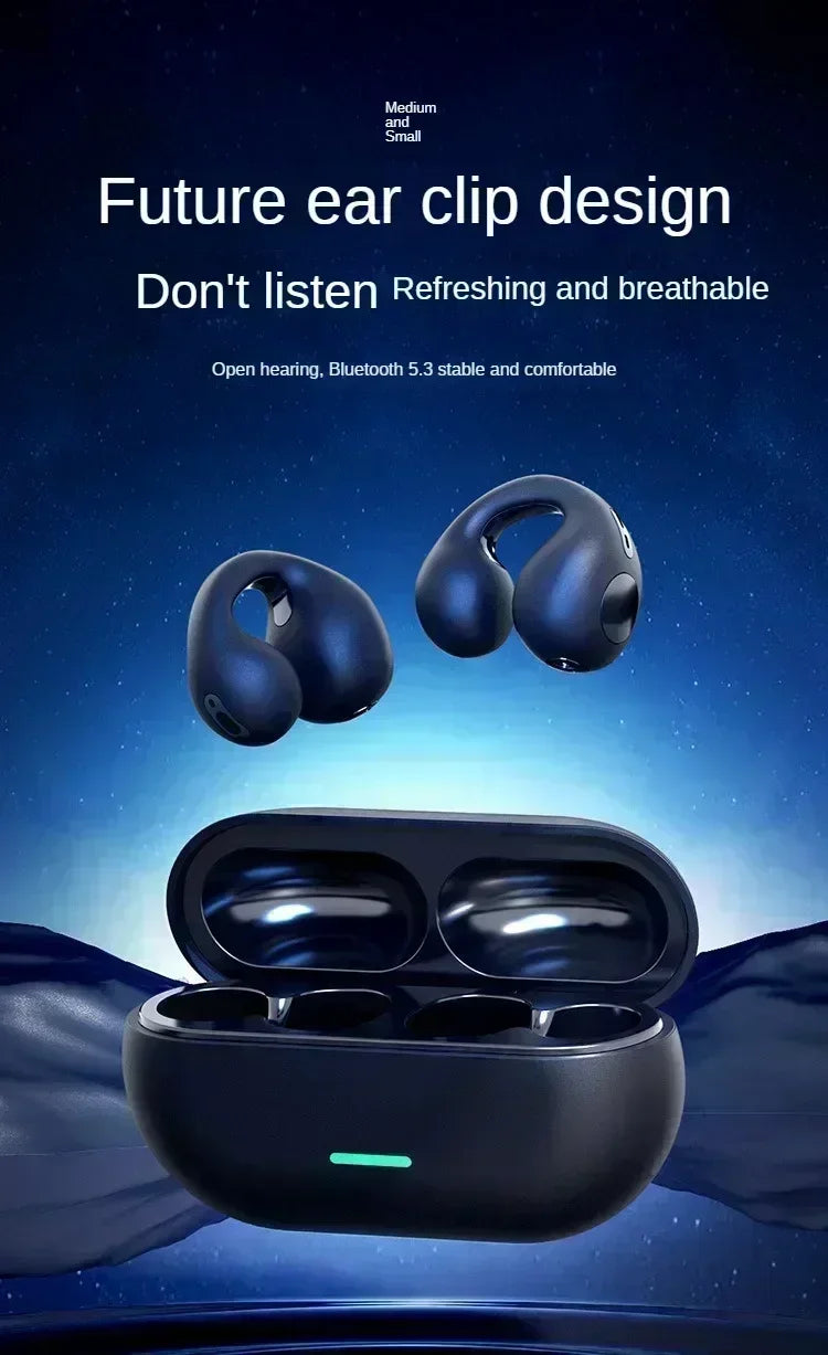 TWS Bluetooth Headset 5.3 Wireless Air Conduction Headphones Clip Ear Music Noise Canceling HD Call Sports Gaming Earphone