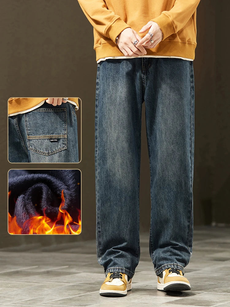 Winter Jeans Warm Fleece Thick Men's Wide Legs Denim Pants Fashion Loose Straight Retro Plush Velvet Casual Trousers Streetwear