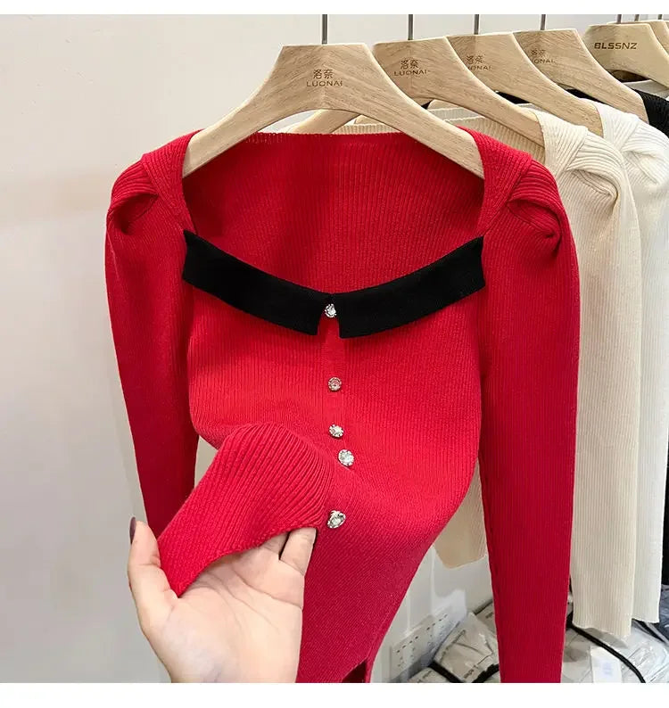 Women's Knitted Short Sweater Square Collar Base Shirt Color Collision Design Sensation Autumn Winter Special Edition Top