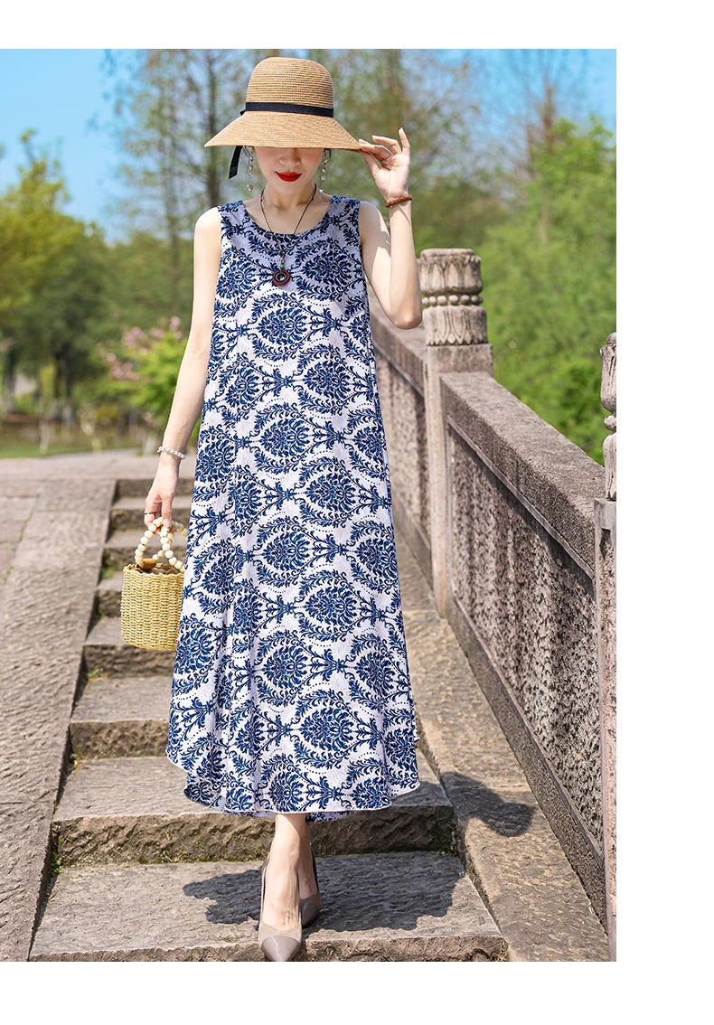 New Women Summer Dresses Vintage Dress FashionRobe Plus Size Sleeveless Femme Casual Print Dresses