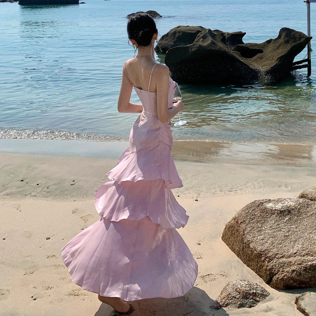 Elegant Women Spaghetti Strap Maxi Dress Rhinestone Trim Ruched Waist Ruffle Hem Pink Dress For Cocktail Party Wedding Guest