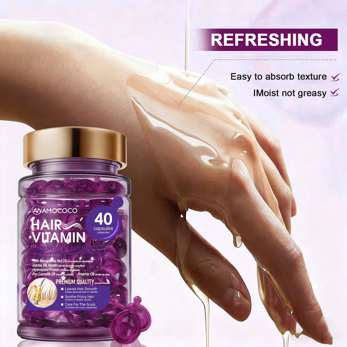 Amococo 3/6/8pcs Hair Serum Capsules 40 Capsules Moroccan Oil Keratin Essence Hair Oil Vitamin E Pro Vitamin B5 Jojoba Oil Rosehip Oil Smooth Moisturizing Hair Care Serum for Frizzy Dry Hair