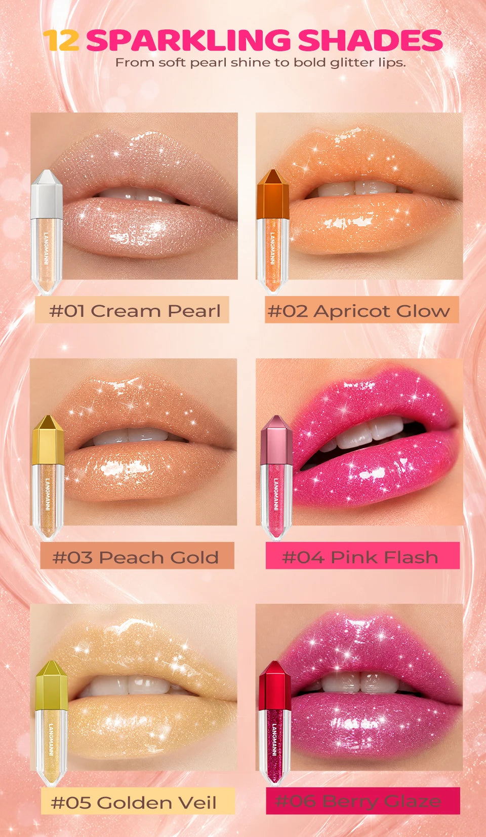 12Color Diamond Lip Glaze Pearl Sparkling Metallic Mirror Lip Gloss Moisturizing Gothic Black Rose Lipstick Halloween Lip Makeup