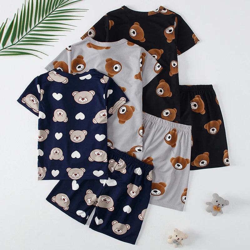 Children's Bear Print 2-Piece Short Sleeve Shorts Set - Unisex