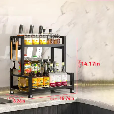 Estante metálico para especias de 2-3 niveles ajustable, organizador de almacenamiento de cocina multifuncional de pie con dispositivo de fijación, soporte para cuchillos