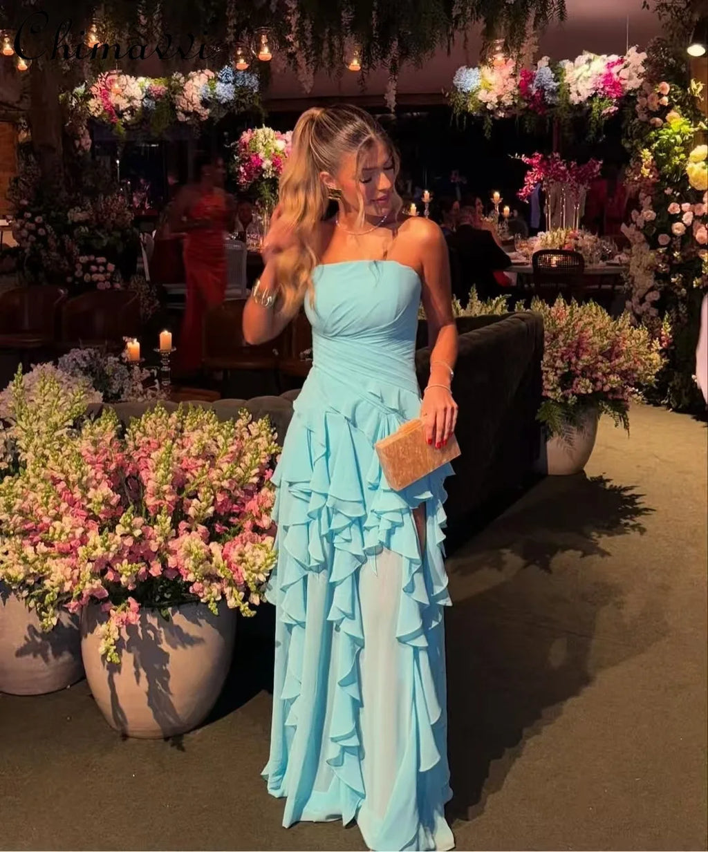 2026 Summer American Elegant Temperament Fashion Ruffled Splicing Sleeveless Strapless Irregular Split Chiffon Long Dress Women