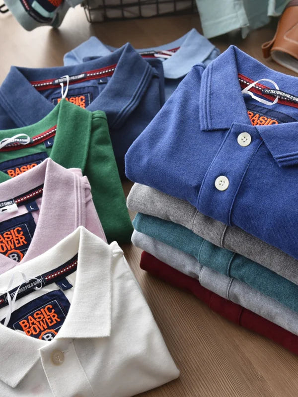 Summer New American Retro Knitted Solid Color Pearl Cotton Polo Shirts Men'S Fashion Washed Short Sleeve Lapel Casual T-Shirt