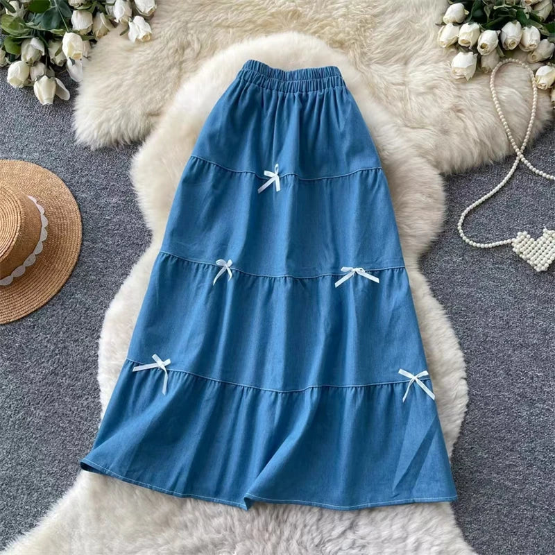 Karofi Vintage Cotton Layered Denim Skirt Women Elastic High Waist Bow Detail Flowy Long Casual A Line Long Midi Skirt