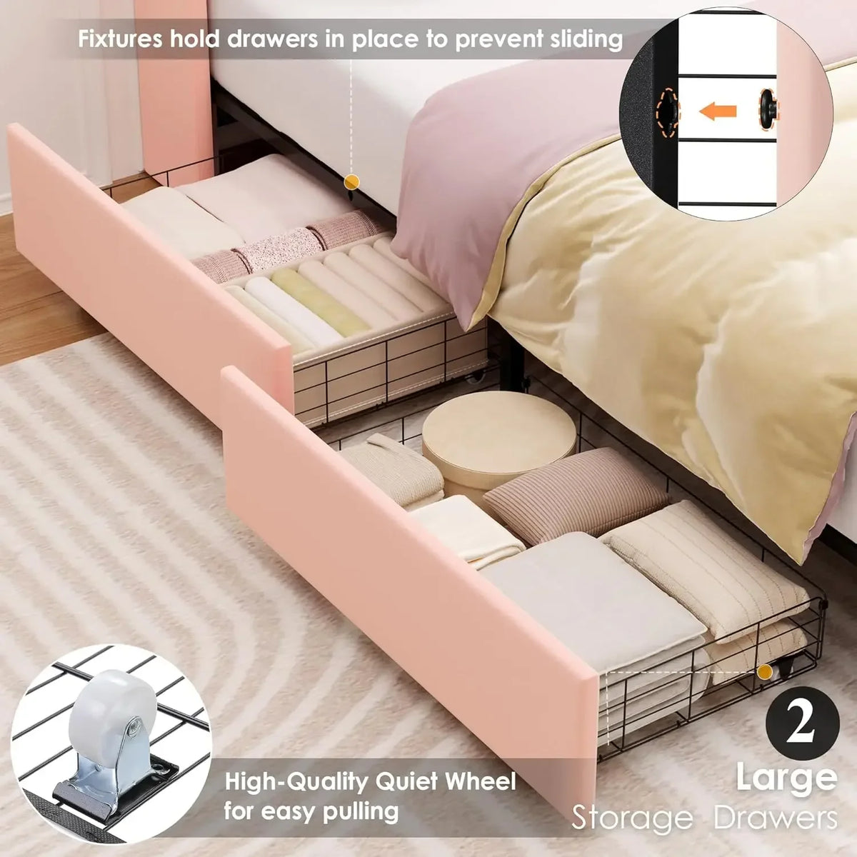 Upholstered Queen LED Bed Frame with Charging Station and 2 Storage Drawers Velvet Crystal Button Tufted Wingback Headboard