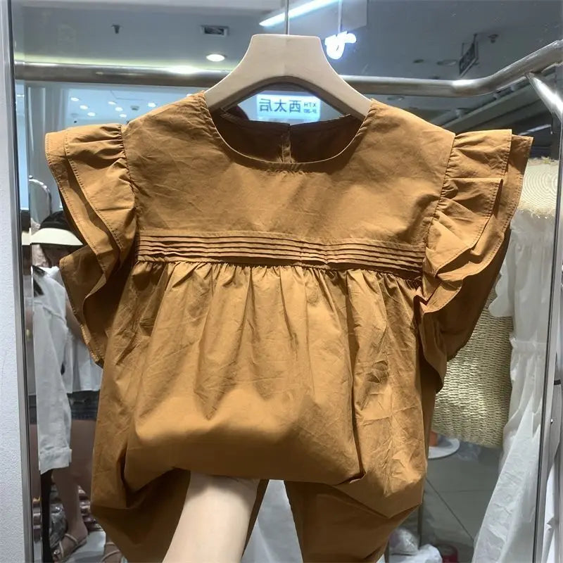 Women's Korean Style Ruffle Blouse – Loose O-Neck Flying Sleeve Vintage Top